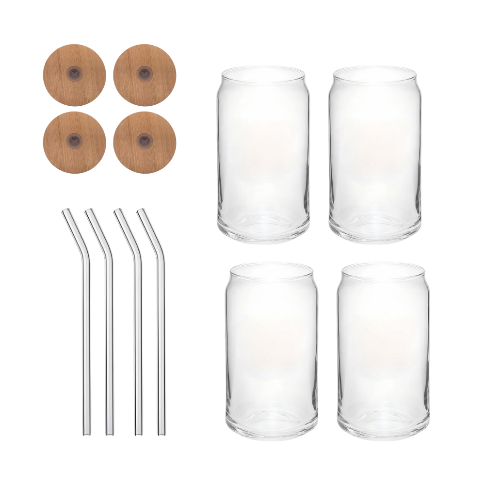 TIN CAN COCKTAIL 480ML GLASS WITH BAMBOO LID AND GLASS STRAW (SET OF 4)