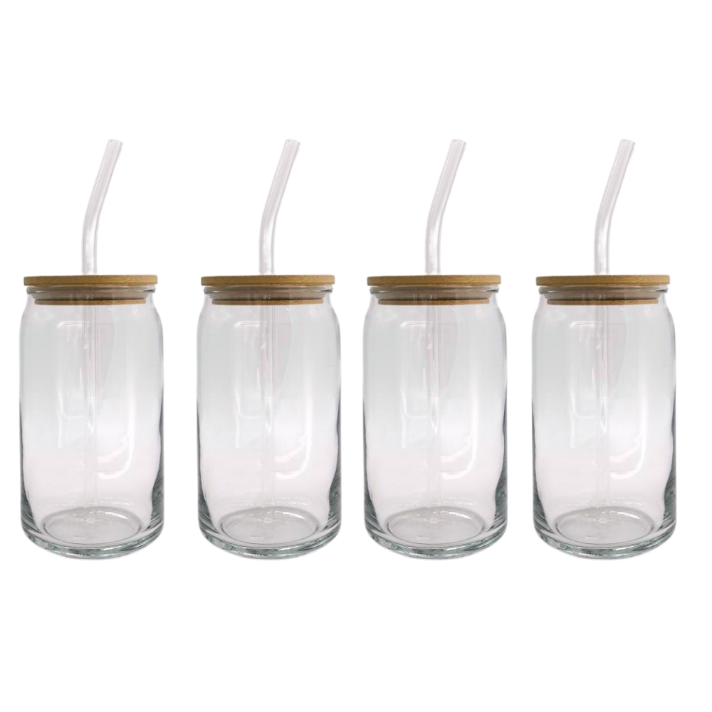TIN CAN COCKTAIL 480ML GLASS WITH BAMBOO LID AND GLASS STRAW (SET OF 4)