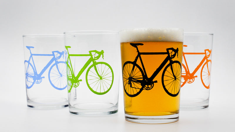 set of draft glasses with bicycles in various colour prints