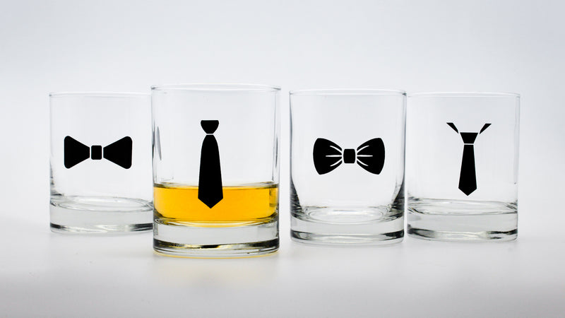 set of whisky glasses with tie prints in black