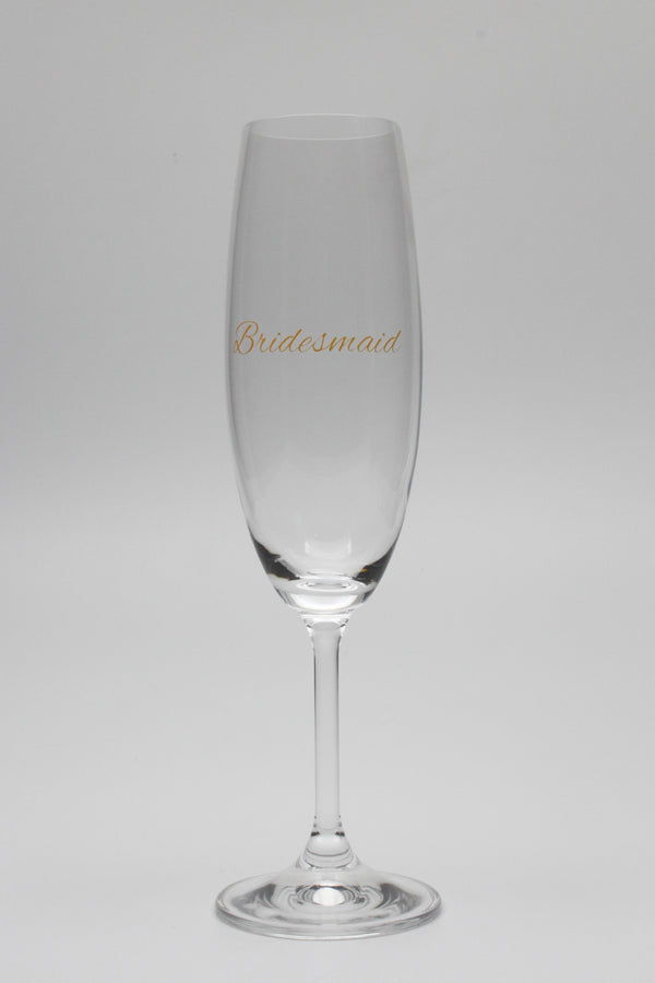 champagne glass with bridesmaid in metallic gold text