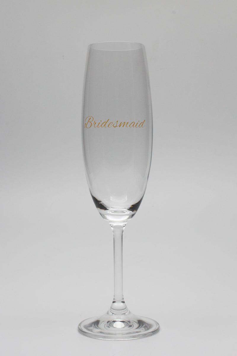 champagne glass with bridesmaid in metallic gold text